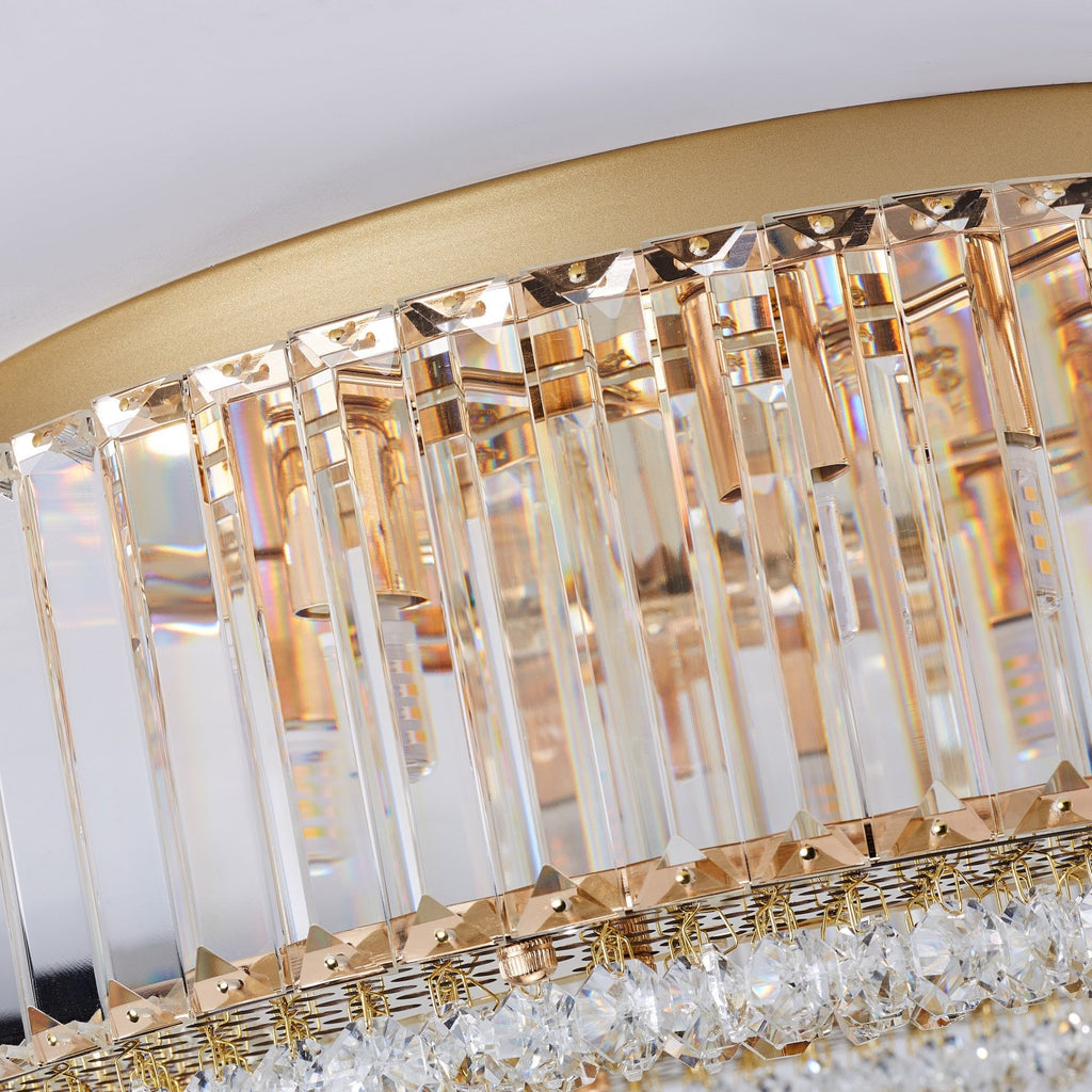 Lampadario Rotondo a Soffitto con 8 Luci in Oro e Cristallo
