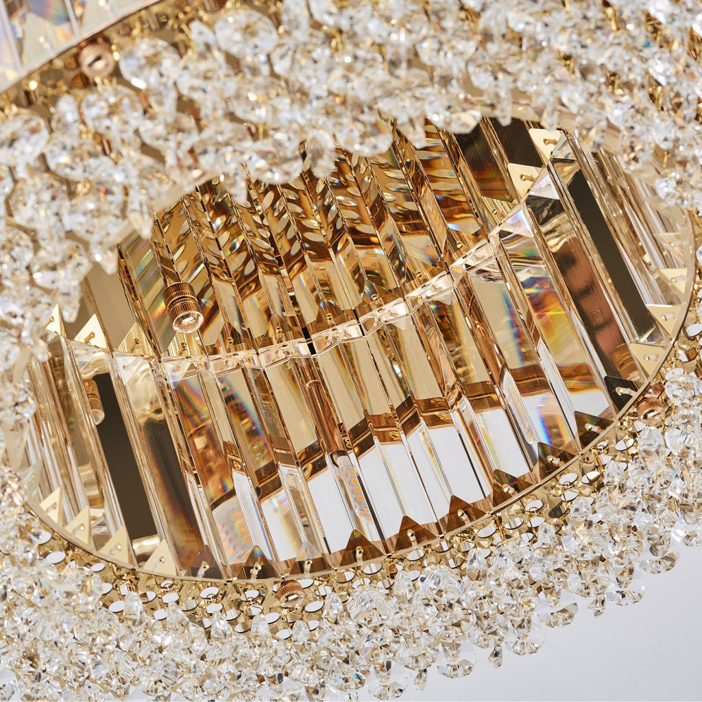 Lampadario Rotondo a Soffitto con 8 Luci in Oro e Cristallo