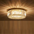 Lampadario Rotondo a Soffitto con 8 Luci in Oro e Cristallo