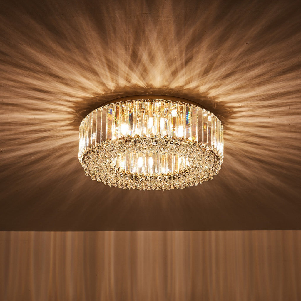 Lampadario Rotondo a Soffitto con 8 Luci in Oro e Cristallo