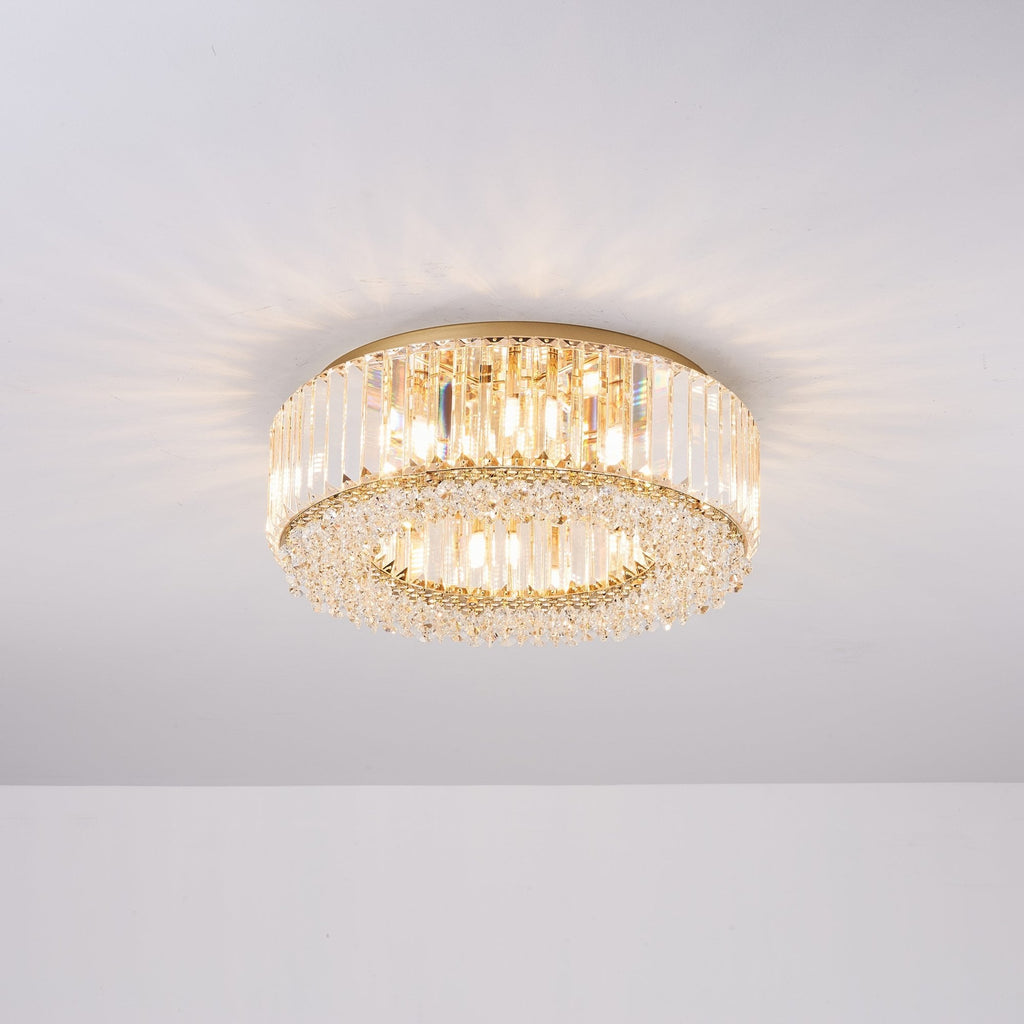 Lampadario Rotondo a Soffitto con 8 Luci in Oro e Cristallo