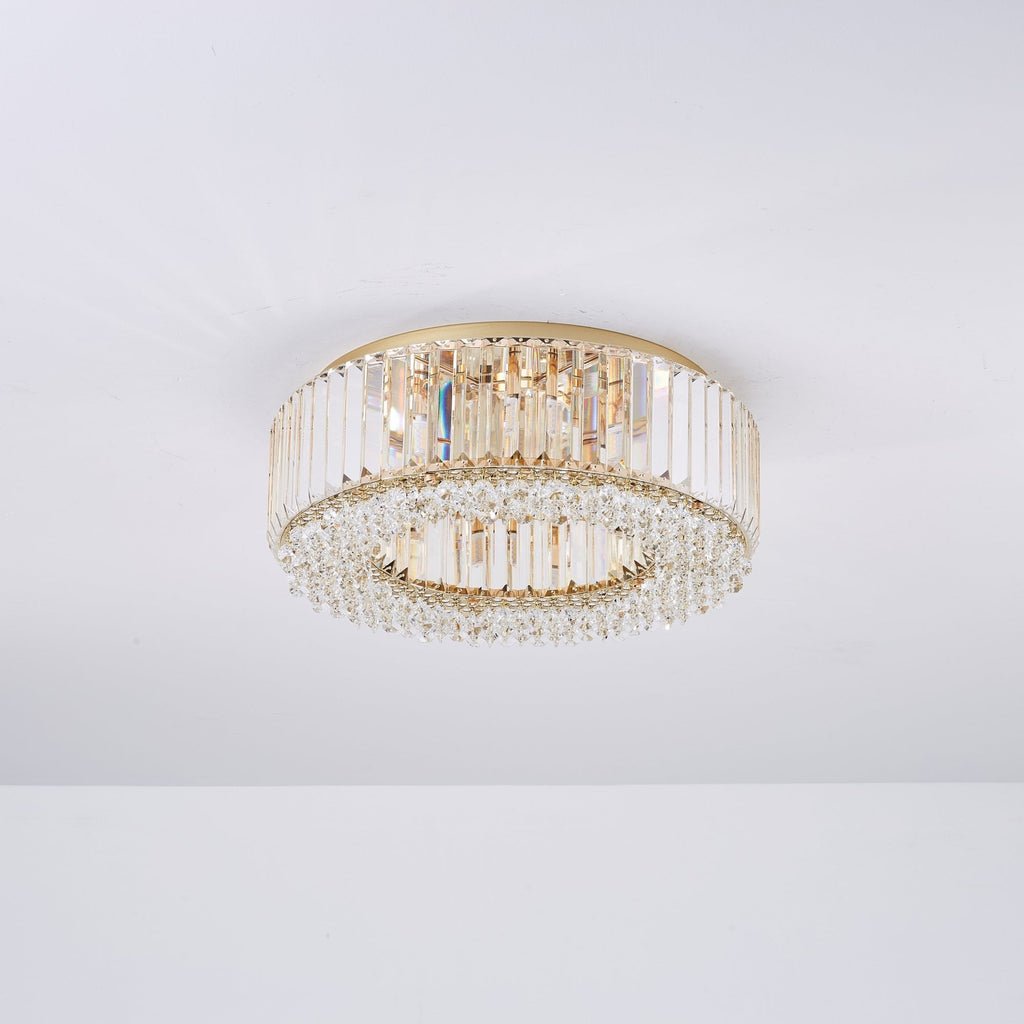 Lampadario Rotondo a Soffitto con 8 Luci in Oro e Cristallo