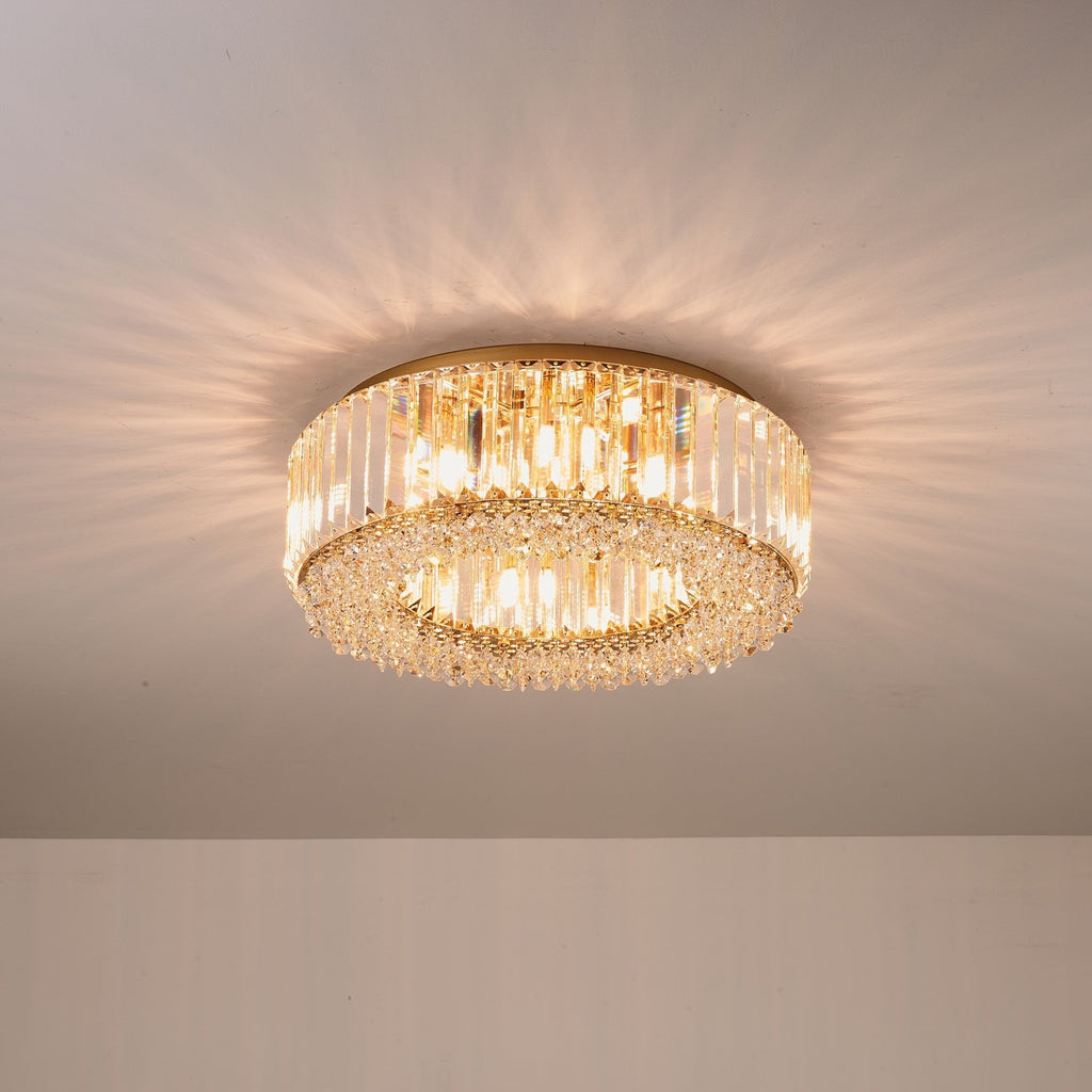 Lampadario Rotondo a Soffitto con 8 Luci in Oro e Cristallo