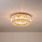 Lampadario Rotondo a Soffitto con 8 Luci in Oro e Cristallo