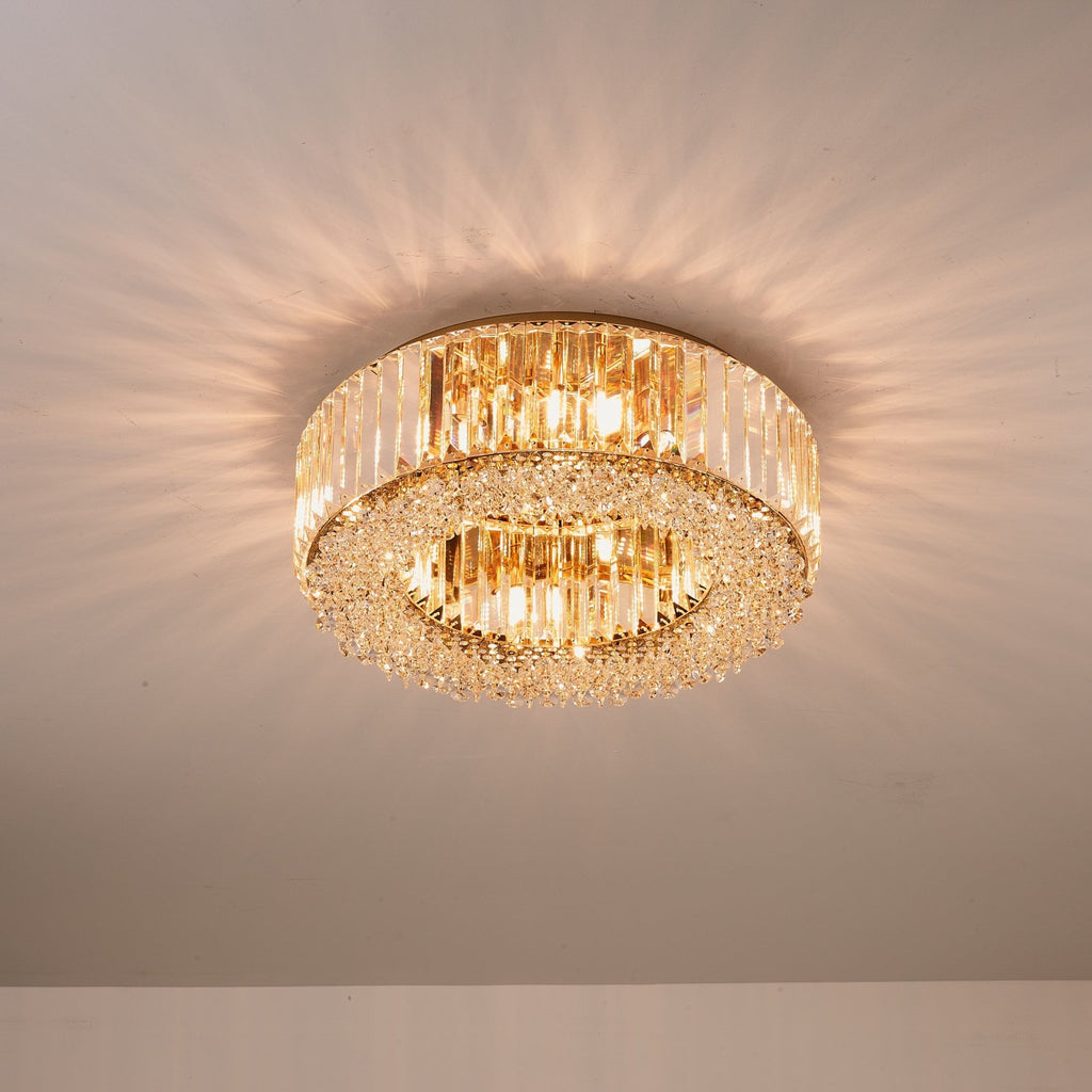 Lampadario Rotondo a Soffitto con 8 Luci in Oro e Cristallo