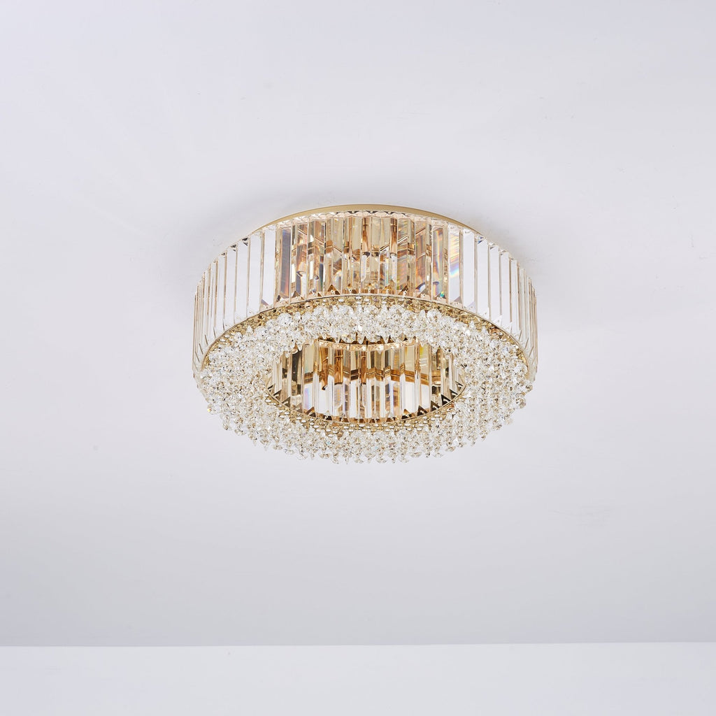 Lampadario Rotondo a Soffitto con 8 Luci in Oro e Cristallo