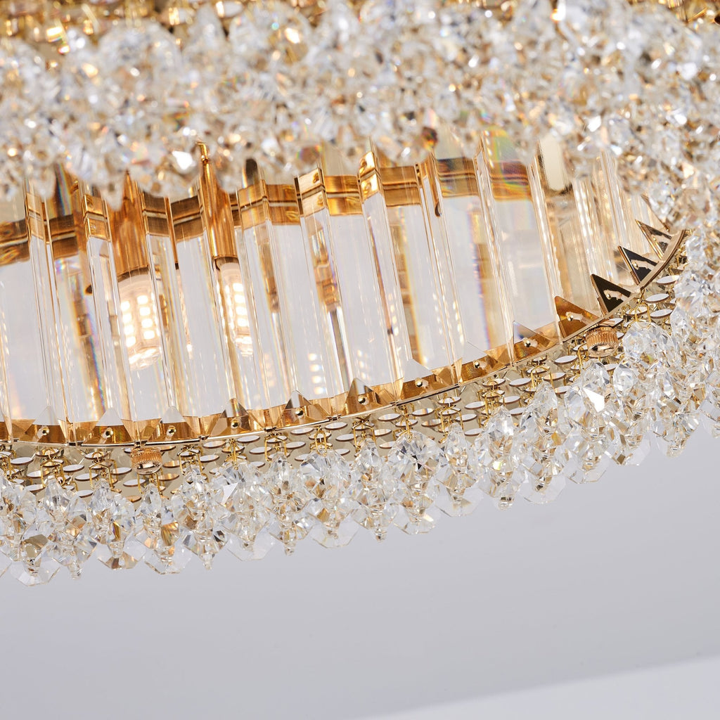 Lampadario Rotondo a Soffitto con 8 Luci in Oro e Cristallo
