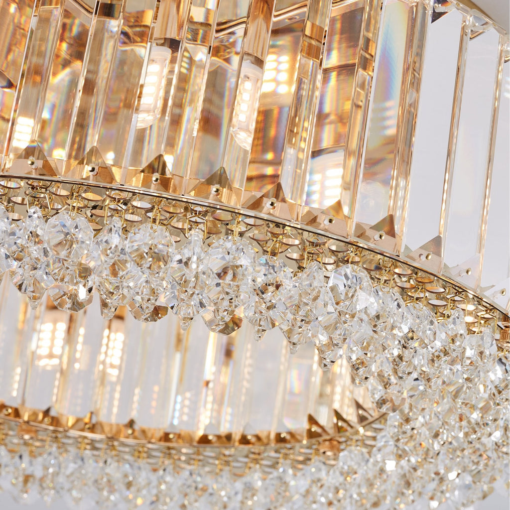 Lampadario Rotondo a Soffitto con 8 Luci in Oro e Cristallo