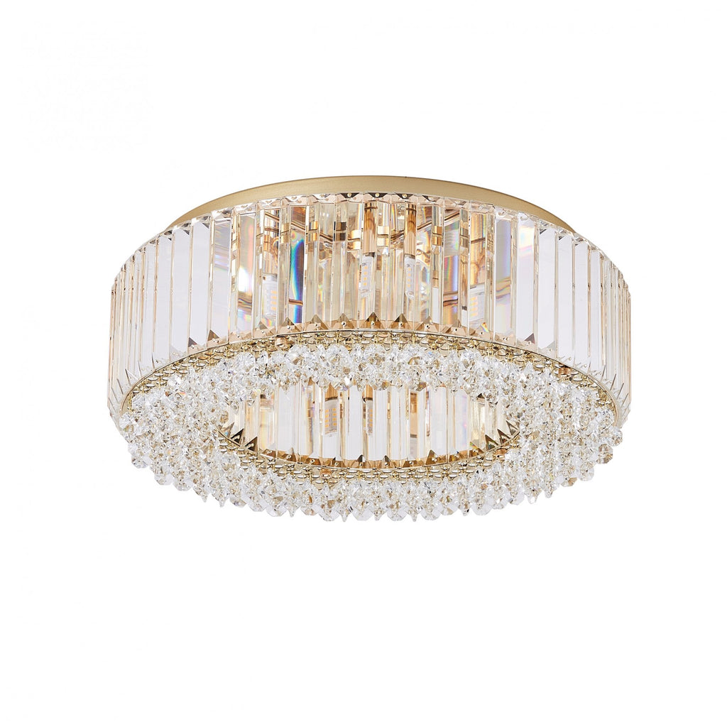 Lampadario Rotondo a Soffitto con 8 Luci in Oro e Cristallo