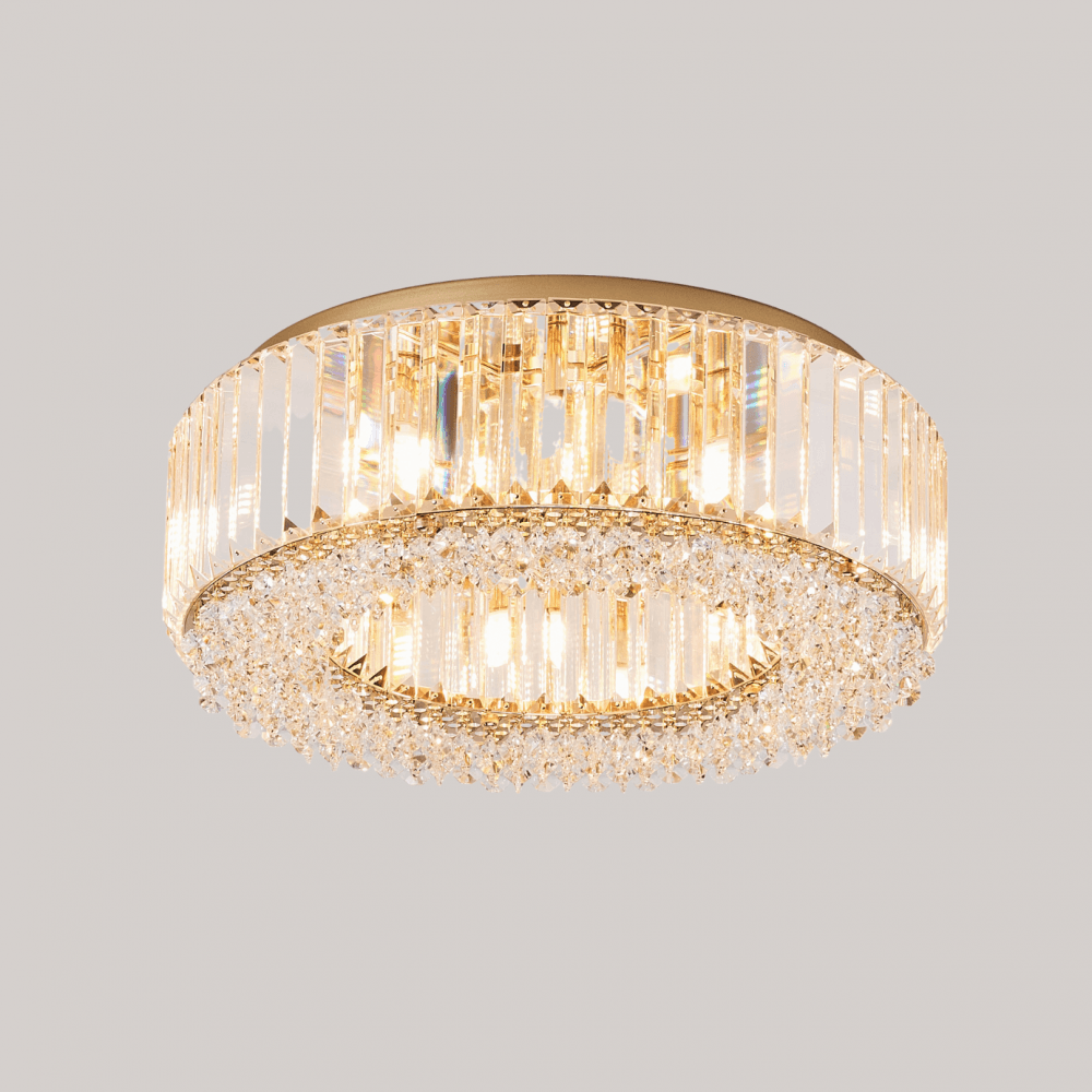 Lampadario Rotondo a Soffitto con 8 Luci in Oro e Cristallo