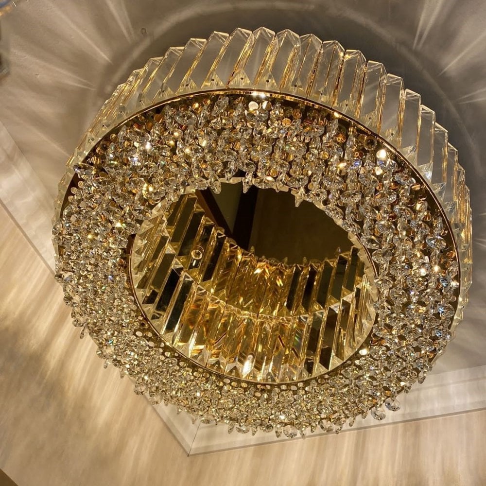 Lampadario Rotondo a Soffitto con 8 Luci in Oro e Cristallo