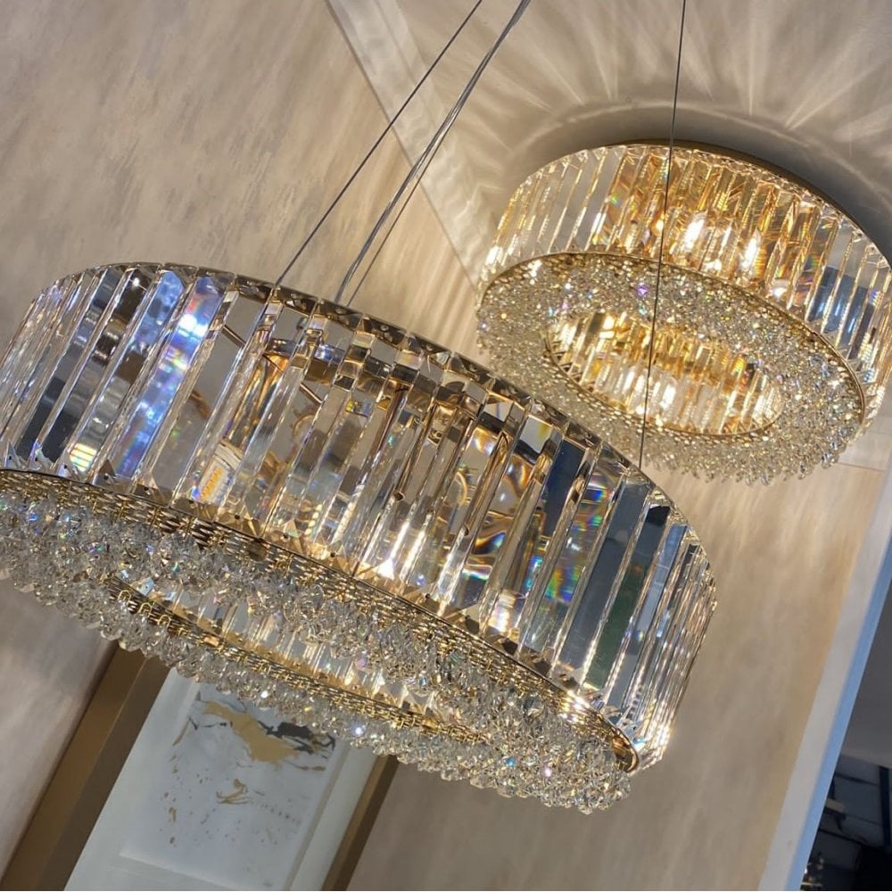 Lampadario Rotondo a Soffitto con 8 Luci in Oro e Cristallo