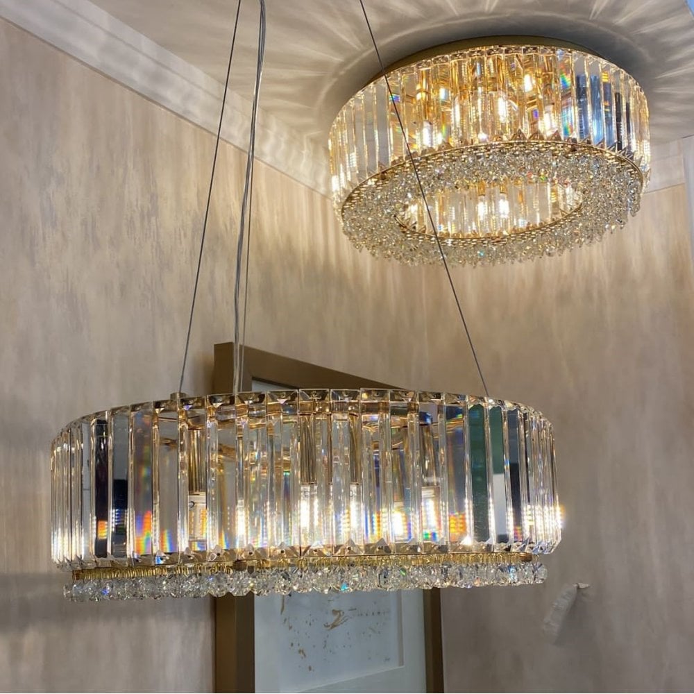 Lampadario Rotondo a Soffitto con 8 Luci in Oro e Cristallo
