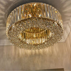 Lampadario Rotondo a Soffitto con 8 Luci in Oro e Cristallo