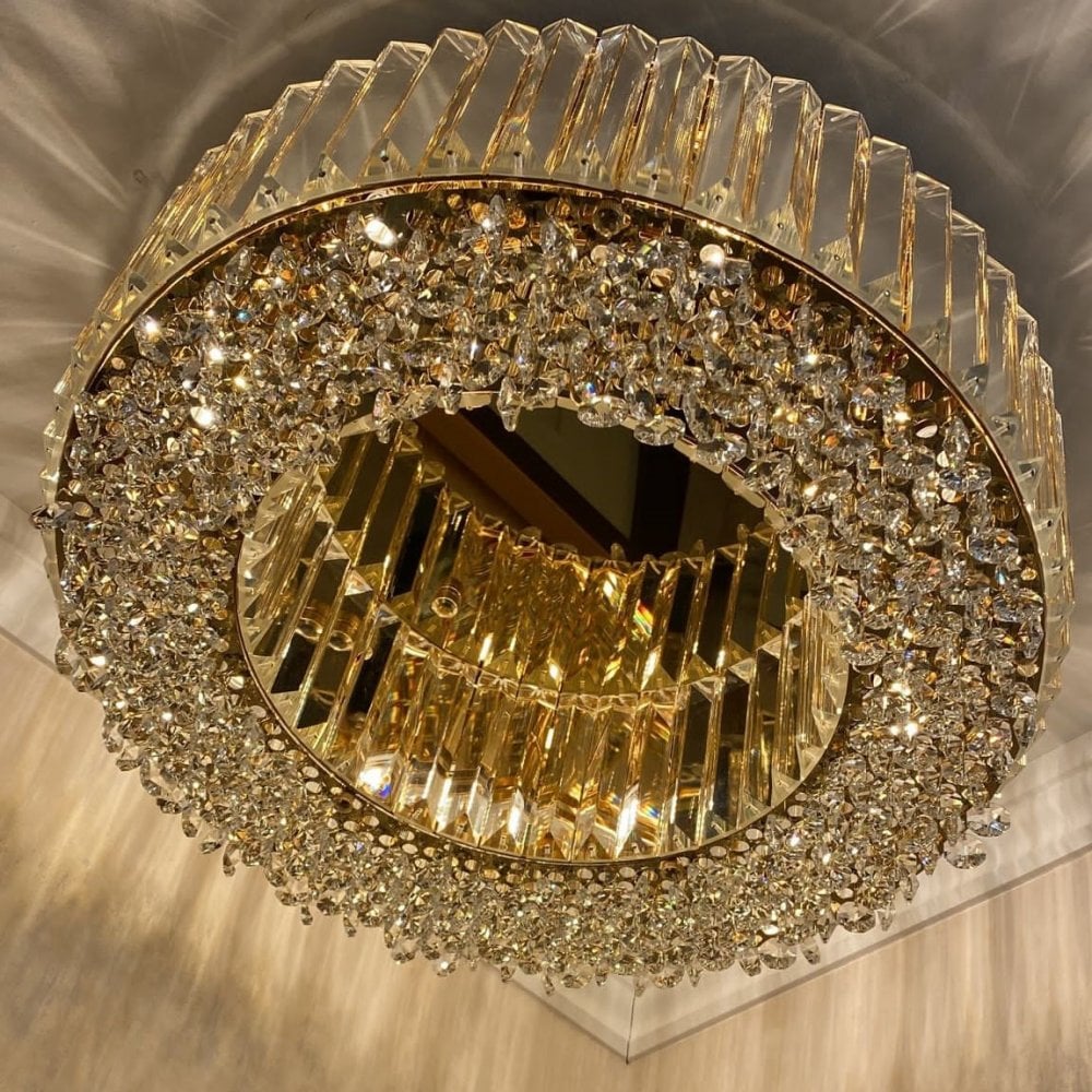 Lampadario Rotondo a Soffitto con 8 Luci in Oro e Cristallo