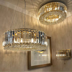 Lampadario Rotondo a Soffitto con 8 Luci in Oro e Cristallo