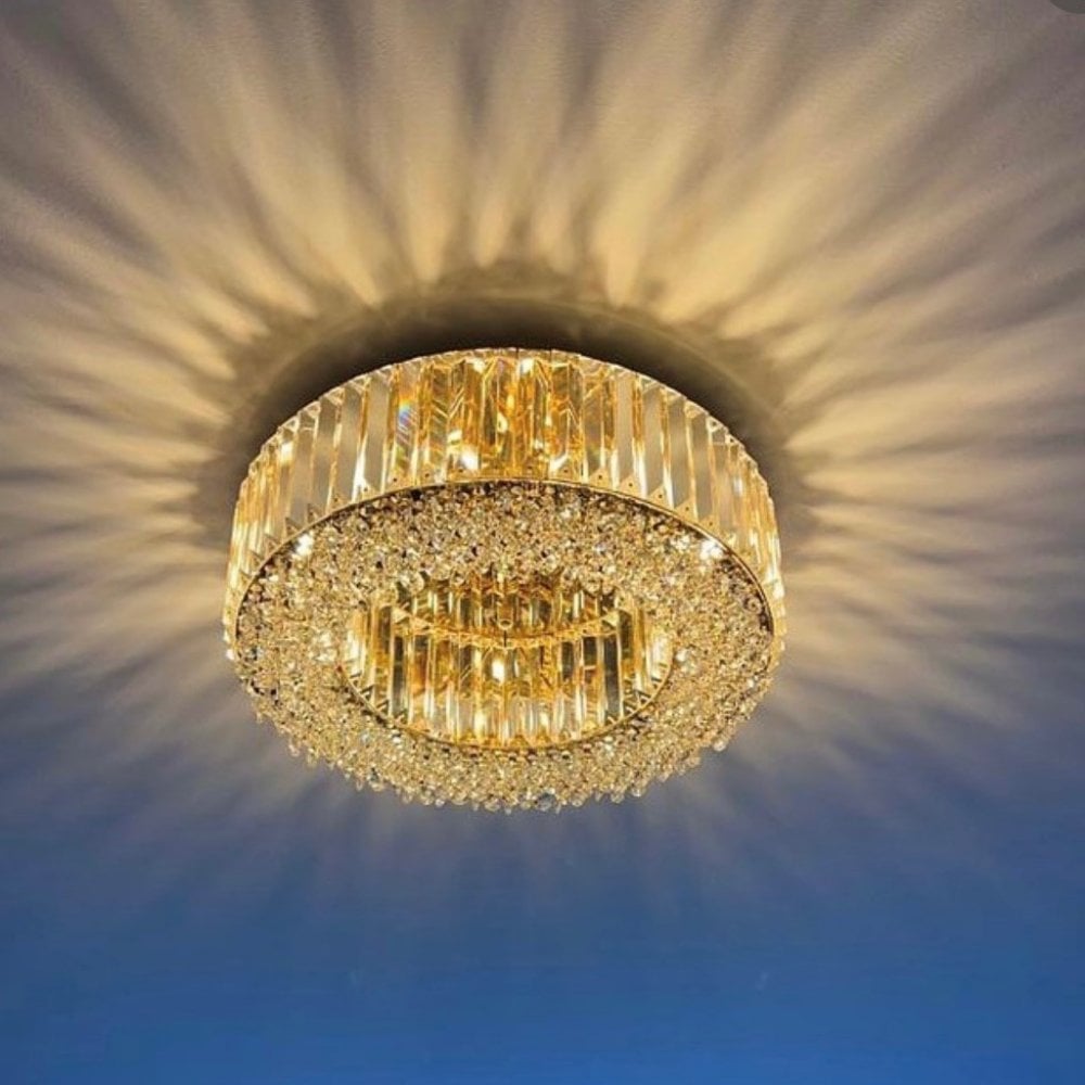 Lampadario Rotondo a Soffitto con 8 Luci in Oro e Cristallo
