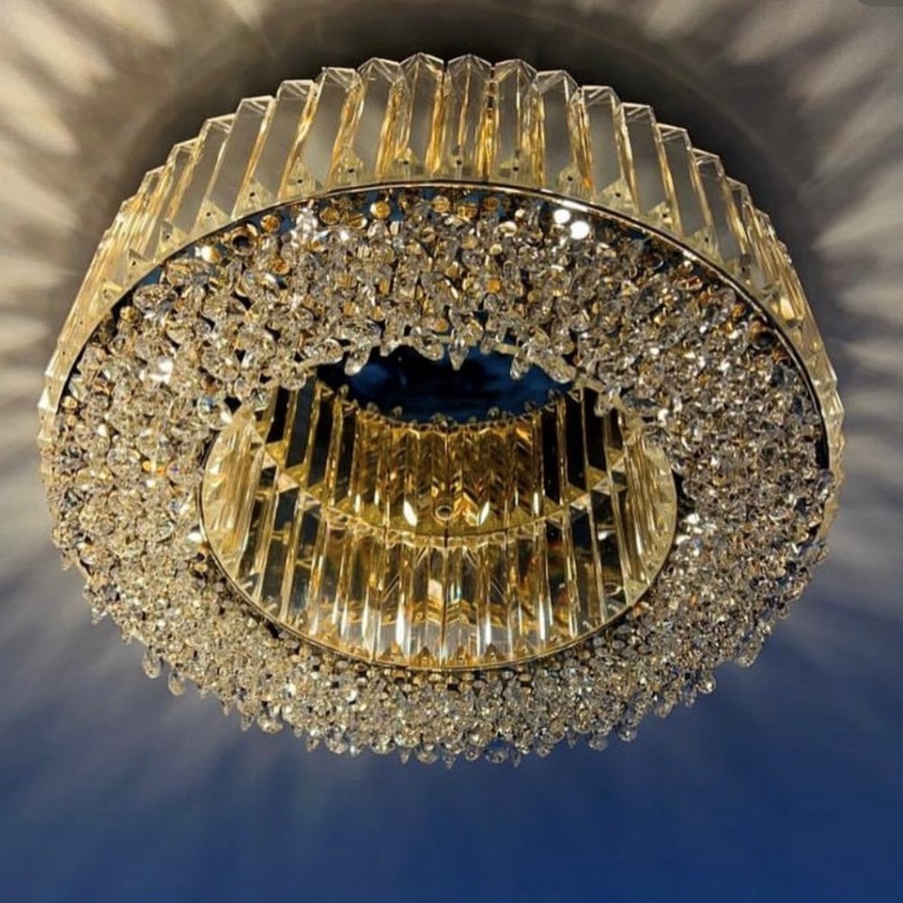 Lampadario Rotondo a Soffitto con 8 Luci in Oro e Cristallo