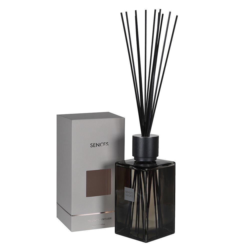 Sences Vetro Tinto Grigio Fumo Trasparente, Coperchio in Faggio Nero, Diffusore di Reed Oversized
