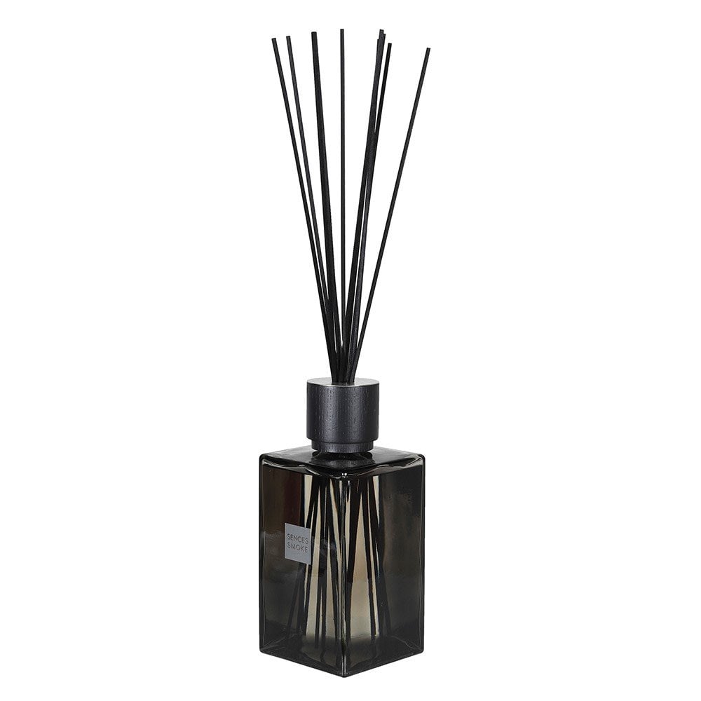 Sences Vetro Tinto Grigio Fumo Trasparente, Coperchio in Faggio Nero, Diffusore di Reed Oversized