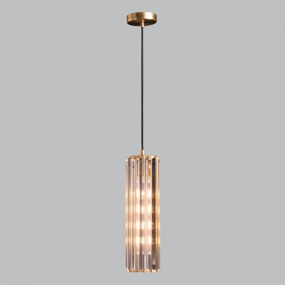 Lampada a Sospensione Reagan in Ottone Antico e Cristallo