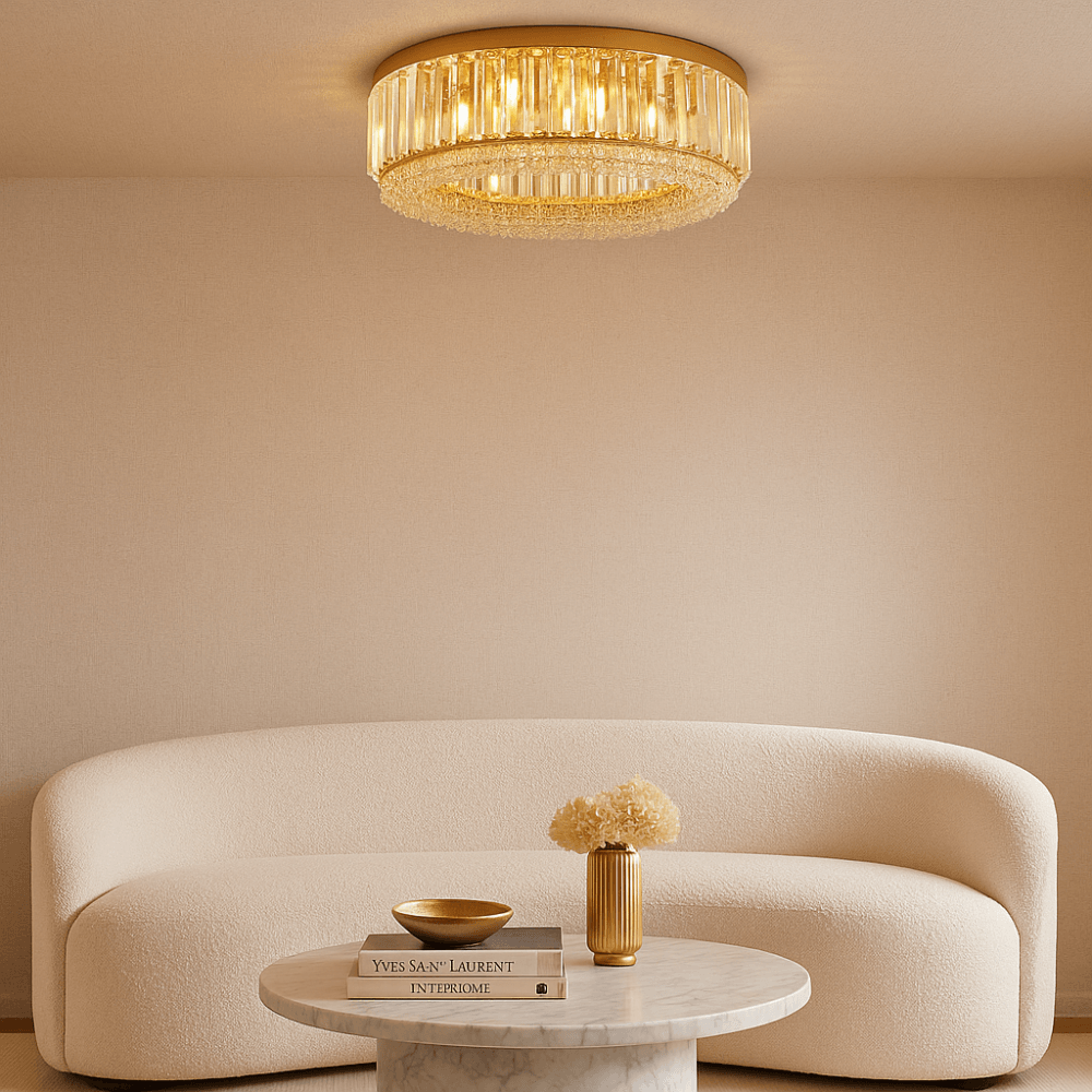 Lampadario Rotondo a Soffitto con 8 Luci in Oro e Cristallo
