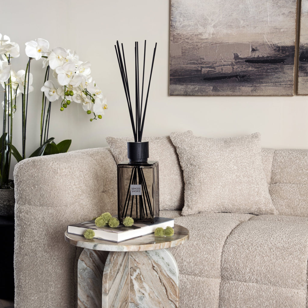Sences Vetro Tinto Grigio Fumo Trasparente, Coperchio in Faggio Nero, Diffusore di Reed Oversized