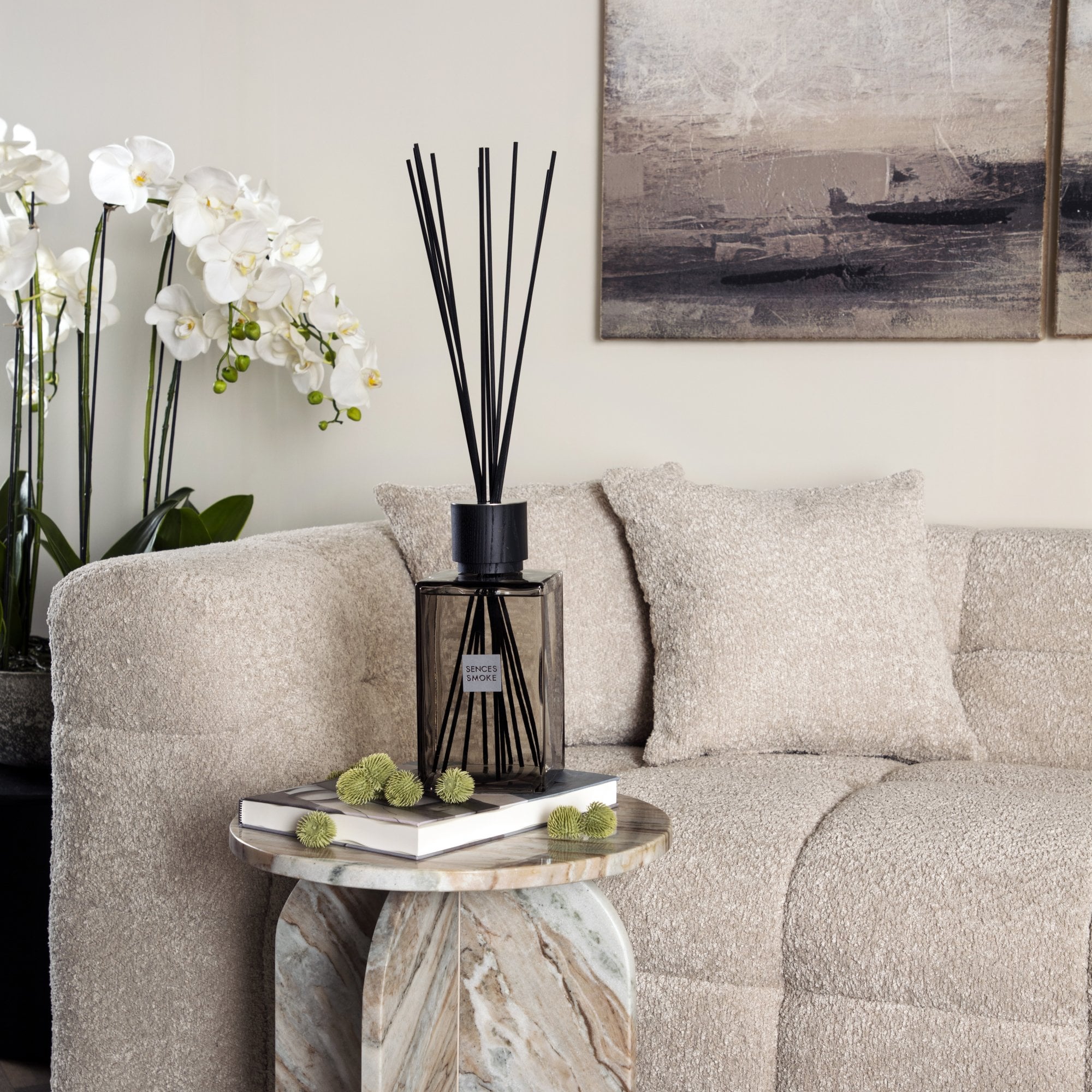 Sences Vetro Tinto Grigio Fumo Trasparente, Coperchio in Faggio Nero, Diffusore di Reed Oversized