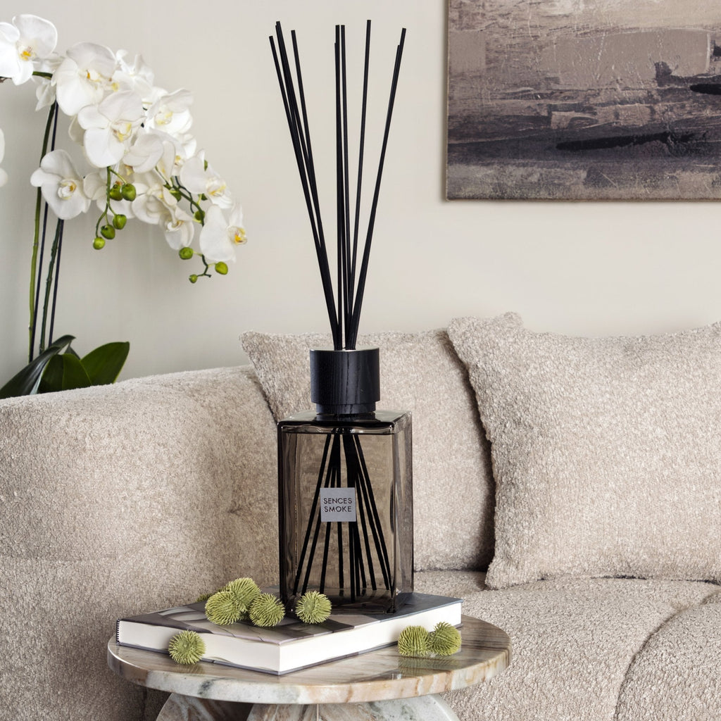 Sences Vetro Tinto Grigio Fumo Trasparente, Coperchio in Faggio Nero, Diffusore di Reed Oversized