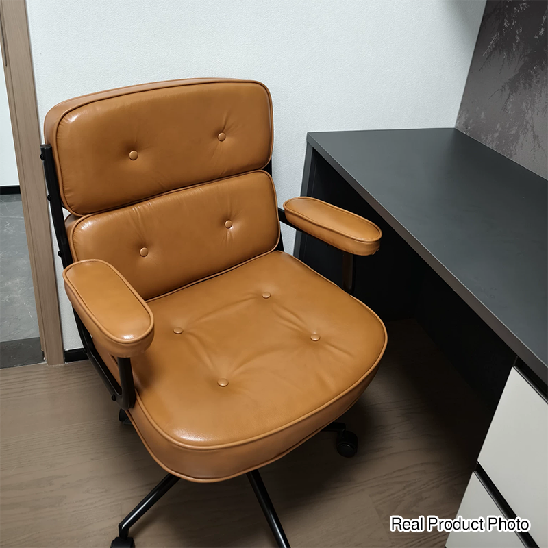 Sedia da Scrivania Rotabile Rectangolare Contemporanea in Metallo PU & Pelle Vera con Spugna Sollevabile per Ufficio a Casa