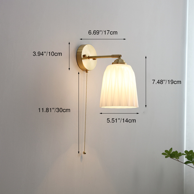 Applique da parete moderna nordica a strisce in vetro bianco ottone con cavo di trazione per camera da letto