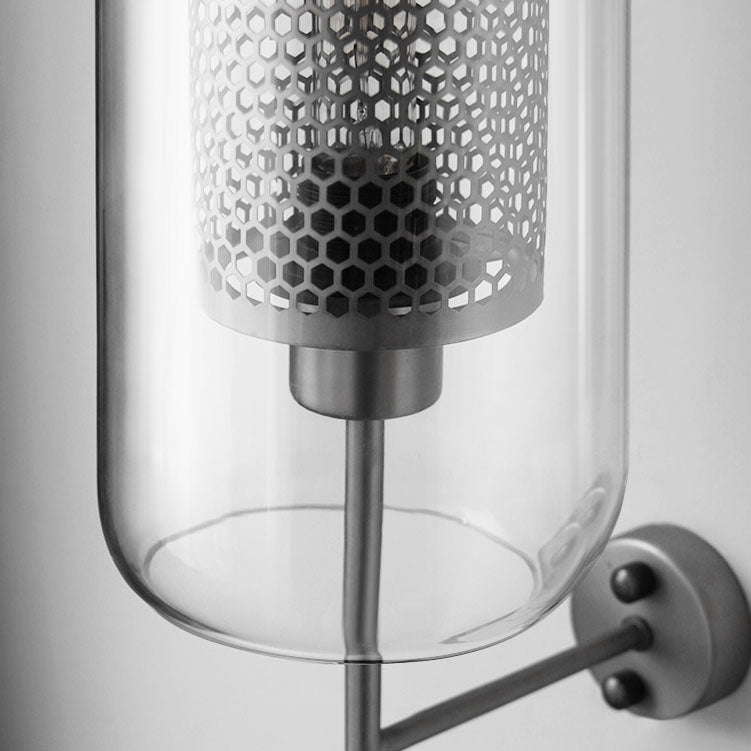 Applique da parete con paralume in vetro cilindrico industriale contemporaneo e struttura in ferro, lampada a 1 luce per camera da letto