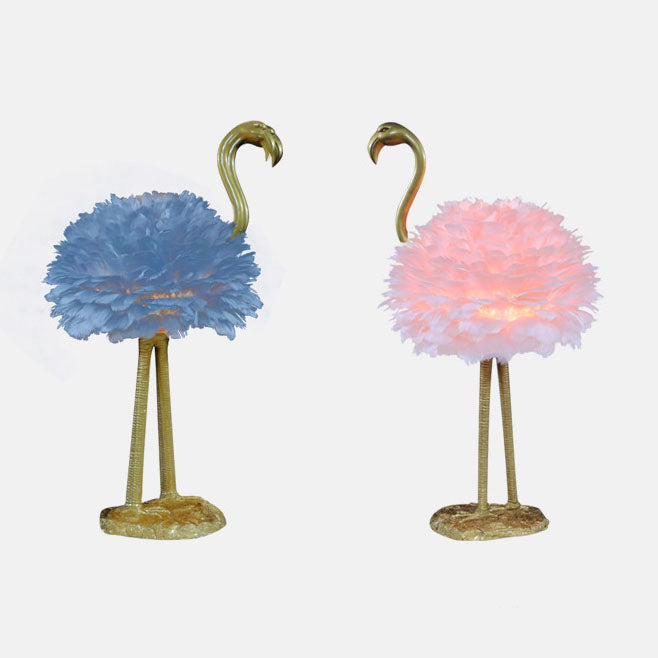 Lampada da tavolo in metallo a forma di fenicottero con piume d'oca nordico contemporaneo, 1 luce per comodino