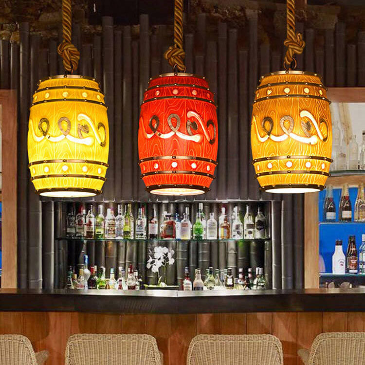 Lampadario in Resina Tradizionale Vintage con Fune di Canapa per Barile di Vino, 1 Luce per Soggiorno