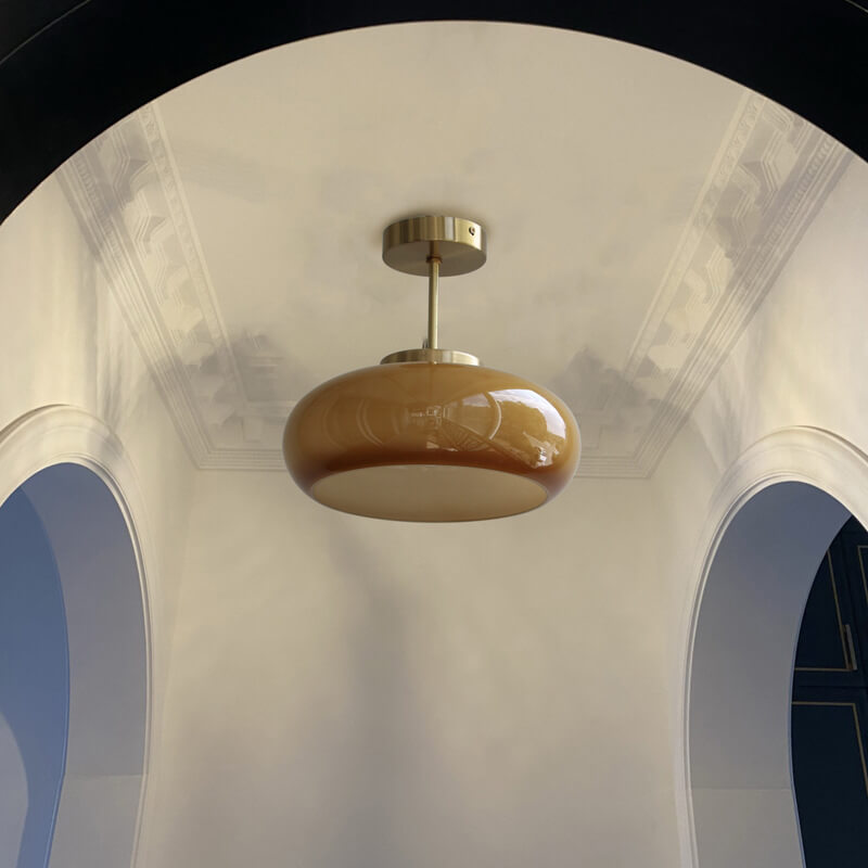 Lampada da soffitto semi-incassata in ottone vintage con vetro giallo a 1 luce