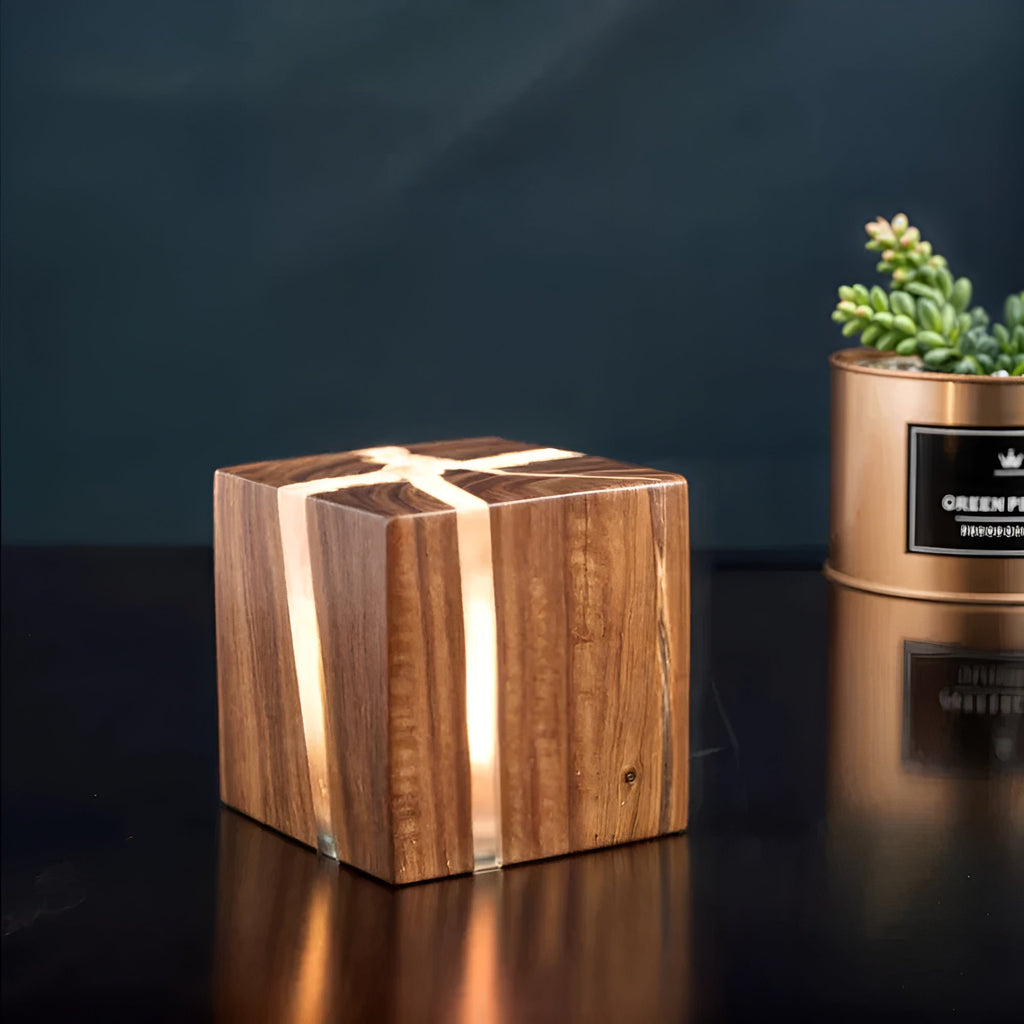 Lampada da tavolo LED a forma di cubo – Design moderno in legno | Elegante per soggiorno e camera da letto