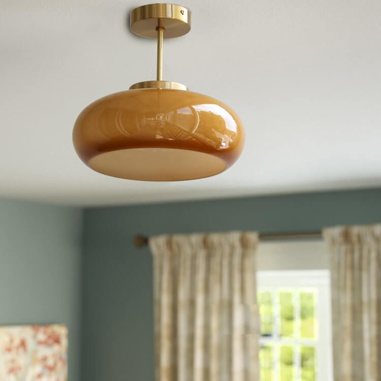 Lampada da soffitto semi-incassata in ottone vintage con vetro giallo a 1 luce