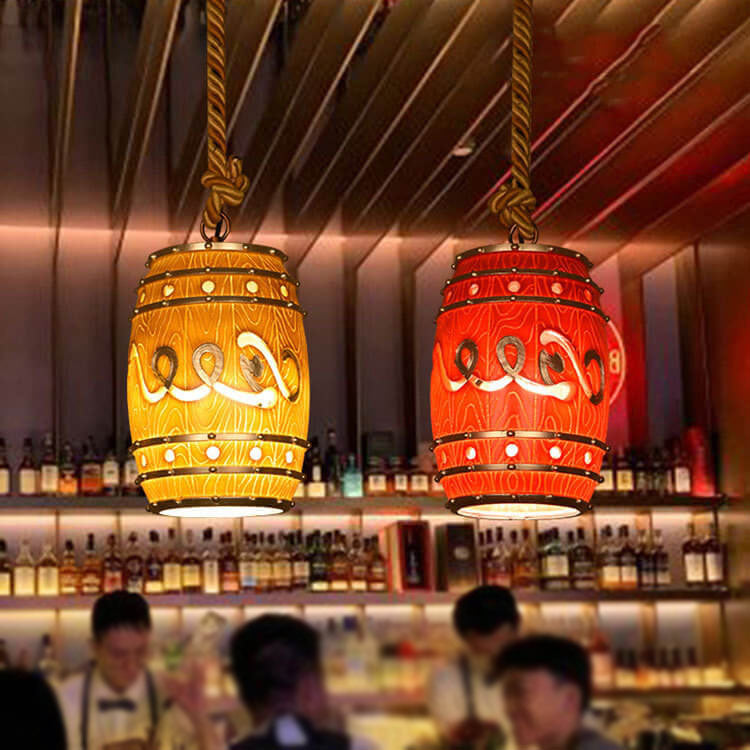 Lampadario in Resina Tradizionale Vintage con Fune di Canapa per Barile di Vino, 1 Luce per Soggiorno