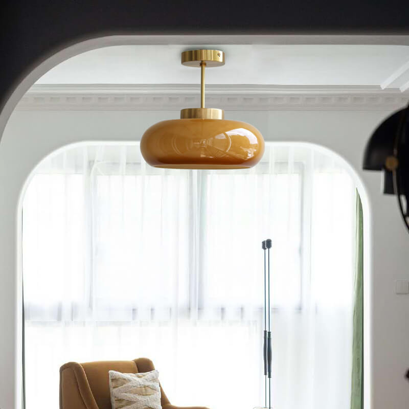 Lampada da soffitto semi-incassata in ottone vintage con vetro giallo a 1 luce