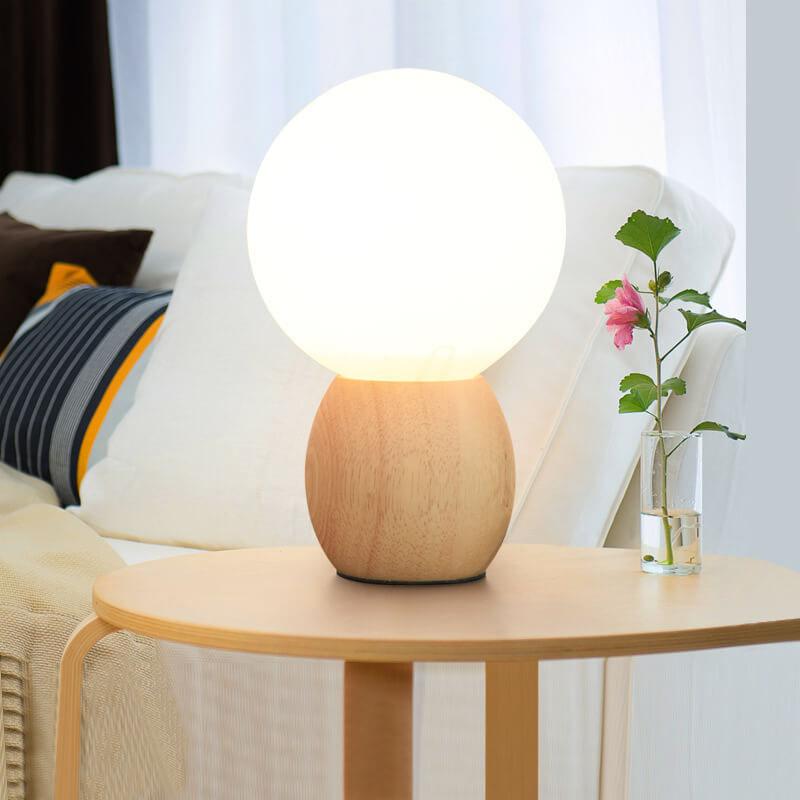 Lampada da Tavolo a Sfera in Vetro Bianco Latte in Legno Massello Nordico con 1 Luce