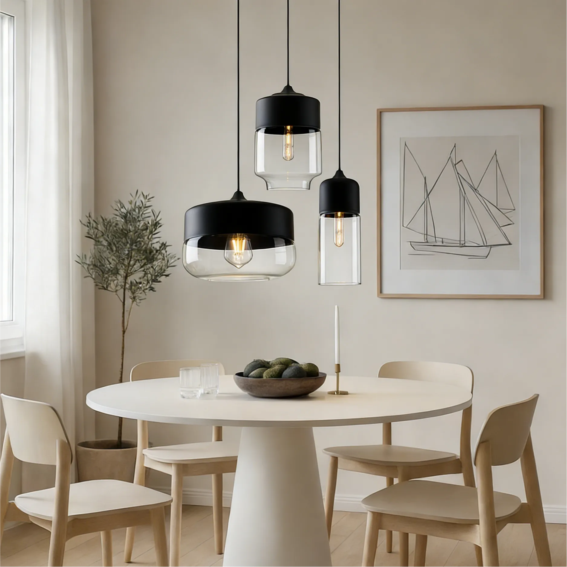 Lampada a sospensione moderna geometrica in vetro nero e ambra