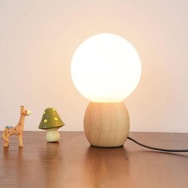 Lampada da Tavolo a Sfera in Vetro Bianco Latte in Legno Massello Nordico con 1 Luce