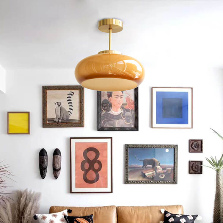 Lampada da soffitto semi-incassata in ottone vintage con vetro giallo a 1 luce