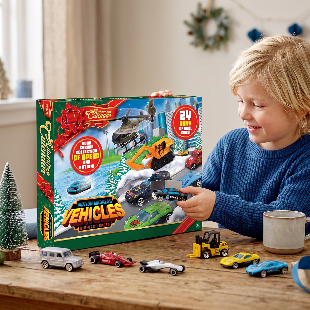 Calendario dell'Avvento di Natale con auto in ghisa per bambini