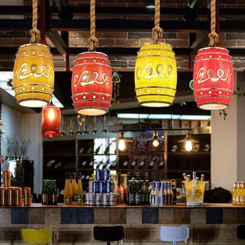 Lampadario in Resina Tradizionale Vintage con Fune di Canapa per Barile di Vino, 1 Luce per Soggiorno