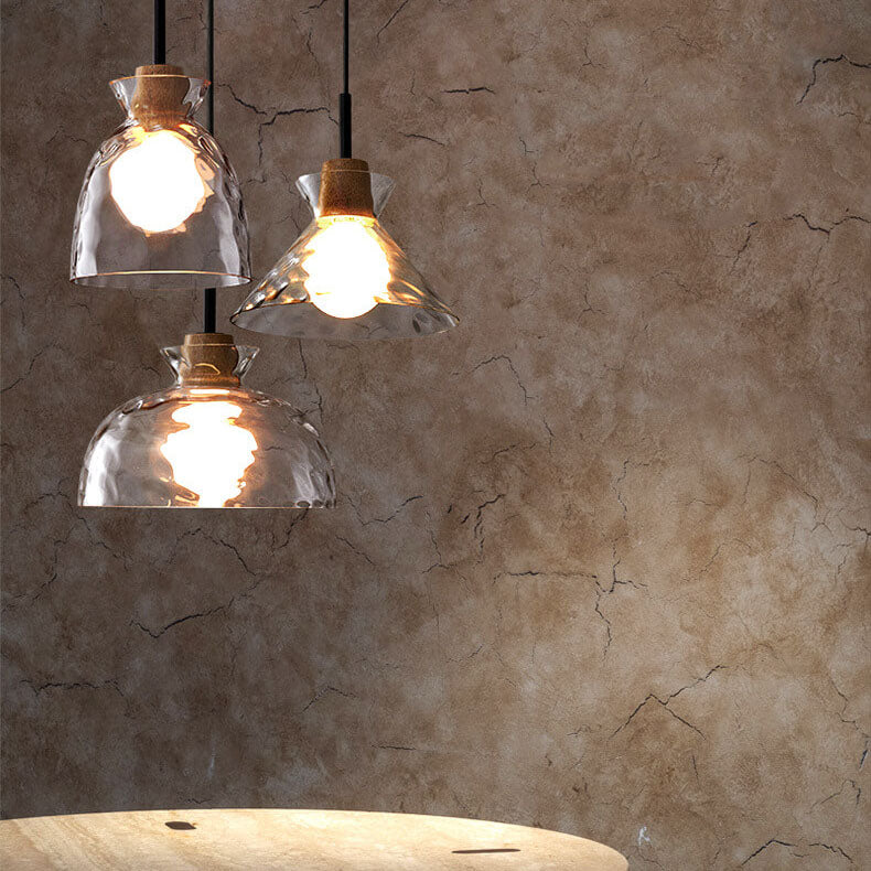 Lampada a Sospensione Moderna Minimalista in Vetro Trasparente Ondulato con Ombra in Ferro a 1 Luce per Soggiorno