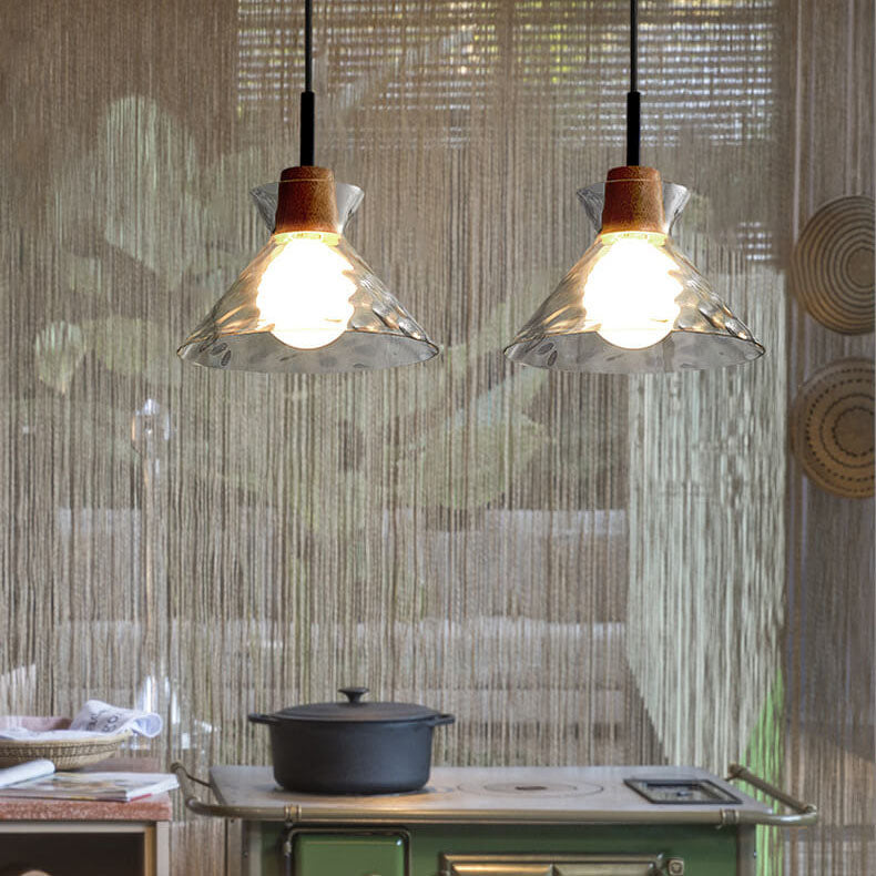 Lampada a Sospensione Moderna Minimalista in Vetro Trasparente Ondulato con Ombra in Ferro a 1 Luce per Soggiorno