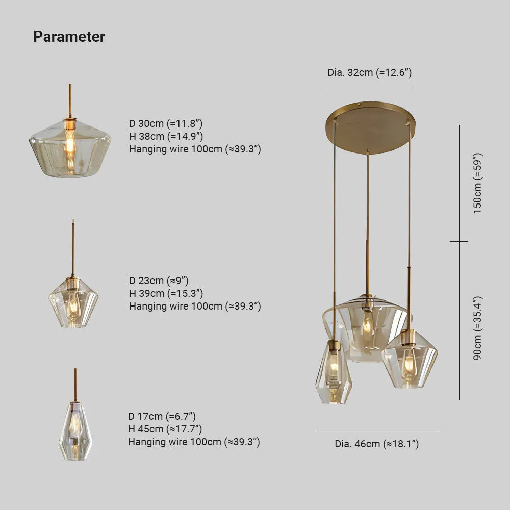 Lampadario di Giugno in Vetro, Trasparente/Ambrato a Forma di Diamante