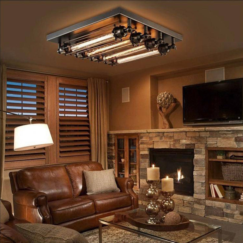 Lampada da soffitto vintage in metallo con tubi, nera, soggiorno