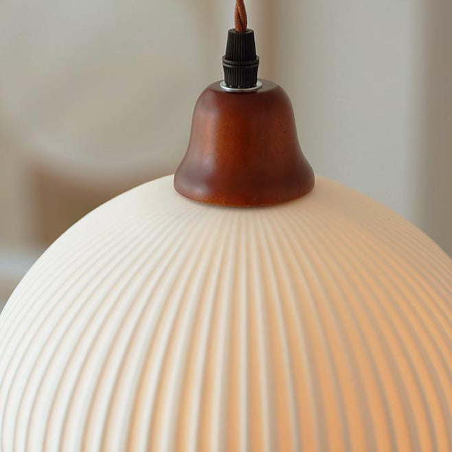 Lampada a sospensione tradizionale giapponese in ceramica con cupola rotonda piegata, legno massello e ferro, 1 luce per soggiorno e camera da letto